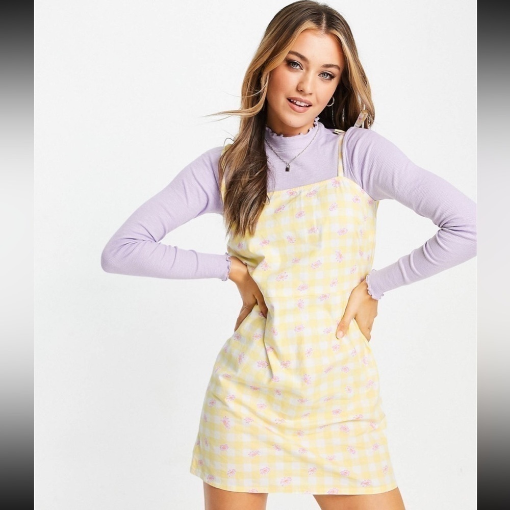 NWT INFLUENCE TIE BACK MINI DRESS IN YELLOW GINGHAM WITH FLORAL-MULTI Sz 10/ M